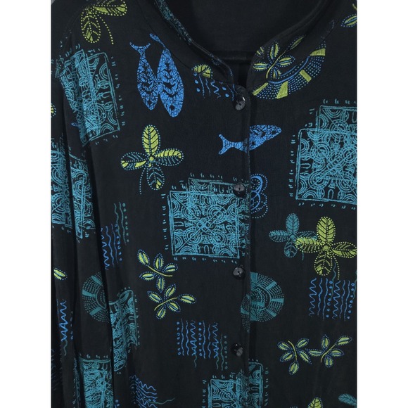 Vtg Vikki Vi Womens 2X Slinky Knit Blouse Black Fish Print Button‎ Front 90s Y2K - Picture 2 of 12